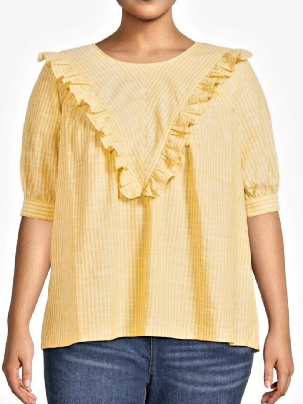 Terra & Sky Yellow Striped 100% Cotton V Neck Ruffle  Puff Sleeve Blouse 3X